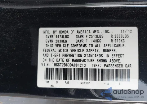 2013 Honda Accord Ex-L V-6 z USA, uszkodzony, nr VIN 1HGCT2B83DA001213